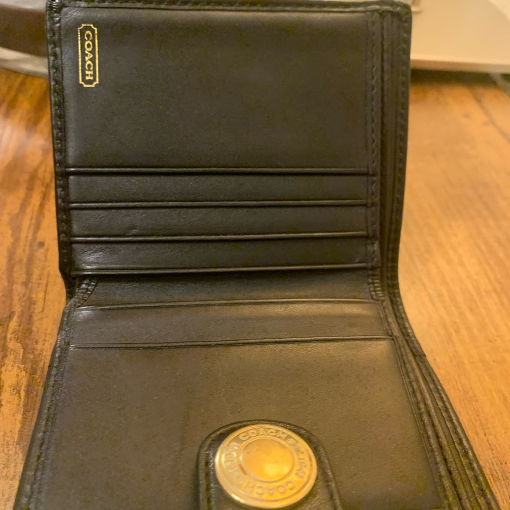 COACH JAQUARD TRIFOLD LEATHER TRIM IN BLACK WALLET GOLD ACCENT - Picture 3 of 16